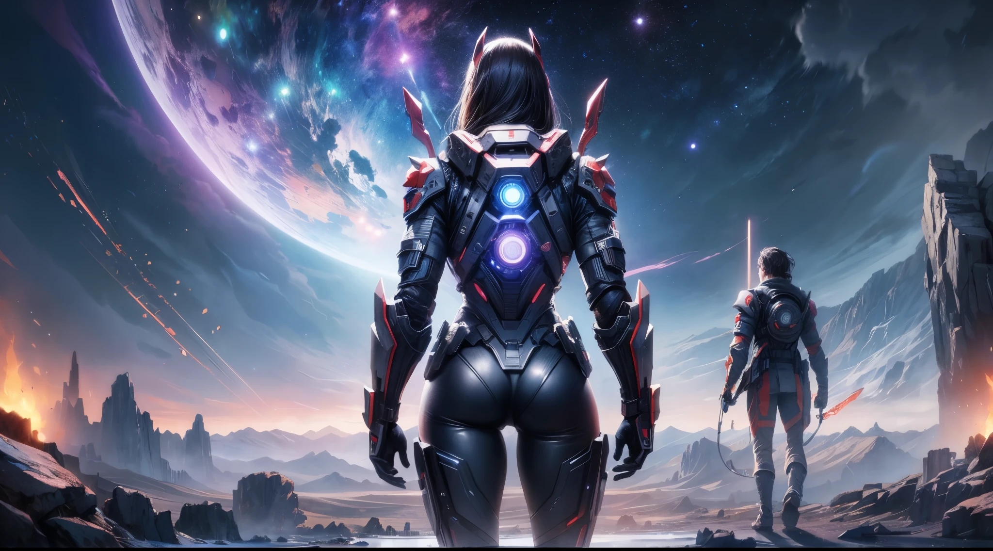 Draw a young female programmer, standing on a research platform floating in the middle of an asteroid belt, turn her back on viewers , from behind,surrounded by several asteroids glowing with fiery auras BREAK Dramatic lighting from distant stars and planets illuminates the scene, casting deep shadows on the suit, looking at the vast and mysterious universe with wonder and respect,BREAK,Detailed,Realistic,4k highly detailed digital art,octane render, bioluminescent, BREAK 8K resolution concept art, realism,by Mappa studios,masterpiece,best quality,official art,illustration,ligne claire,(cool_color),perfect composition,absurdres, fantasy,focused,rule of thirds