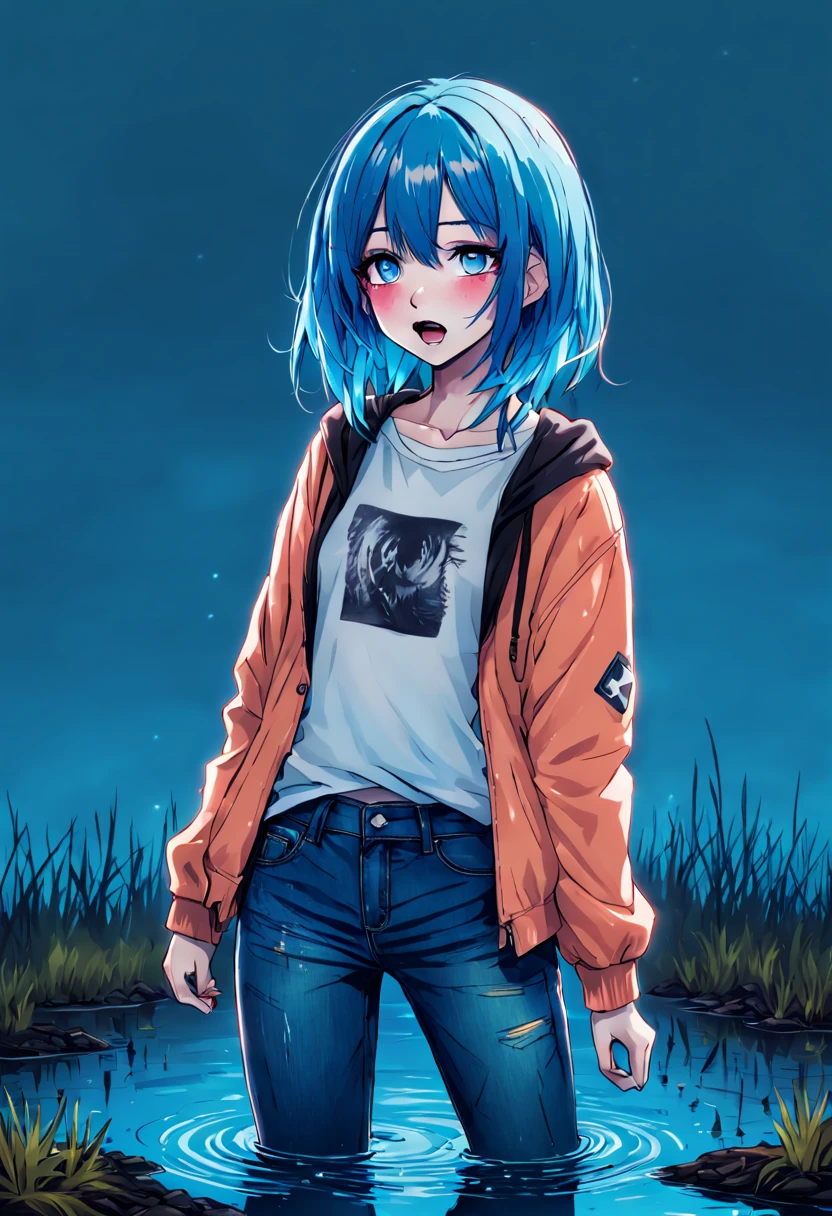 drowning in a bog, illustrator, the anime , Realistic ,Sketch , 1girl, standingn,lip, Jeans,That is ok, Blue gradient background, neon hair,Textured finish, Canadian, (Masterpiece,Best Quality),