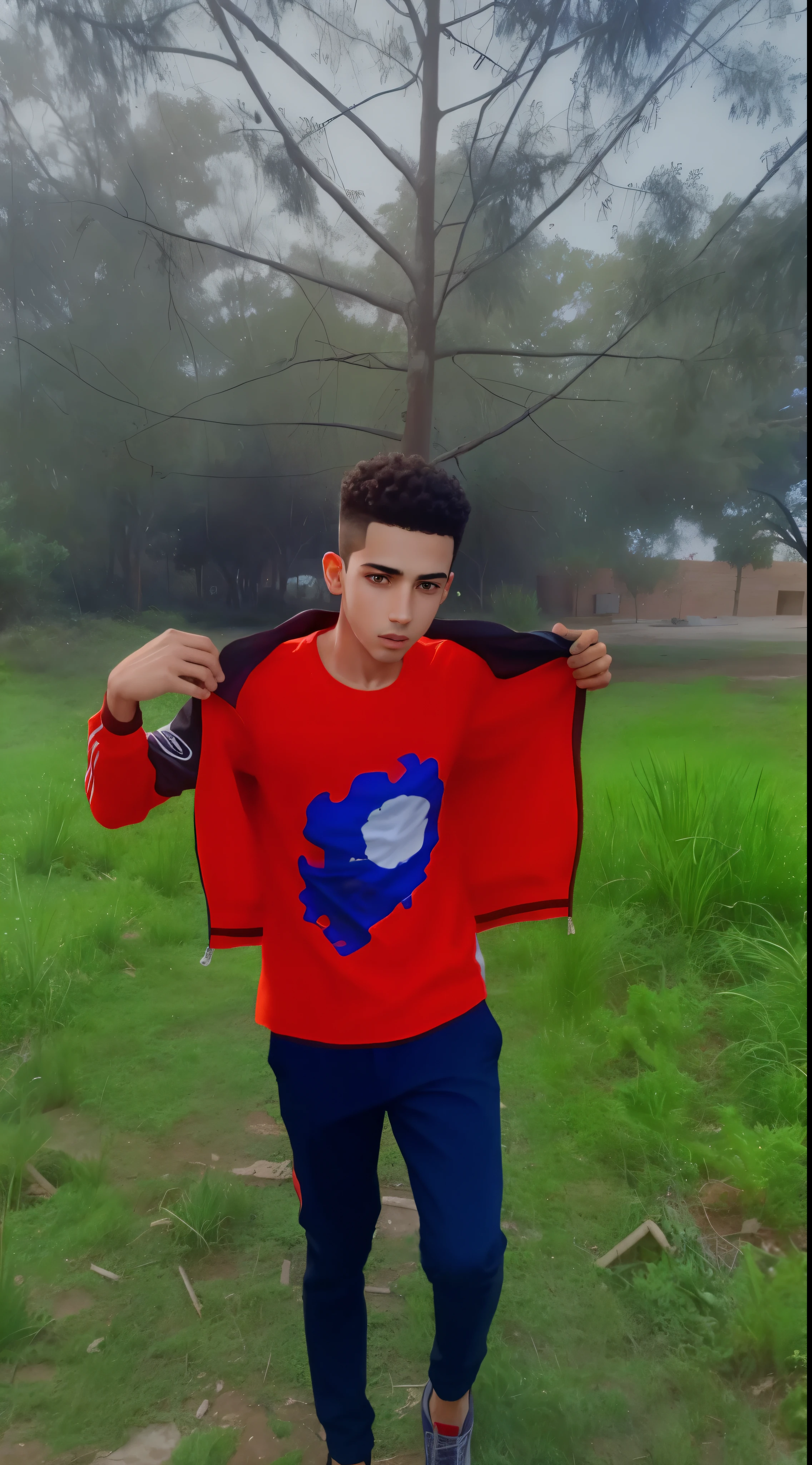 arafed boy in a red shirt holding a red jacket, mohamed chahin, riyahd cassiem, very very low quality picture, amr elshamy, reyyan, atef, mohamed chahin style, ismail, 14 yo berber boy, mohamed reda, emad mostaque, high quality upload