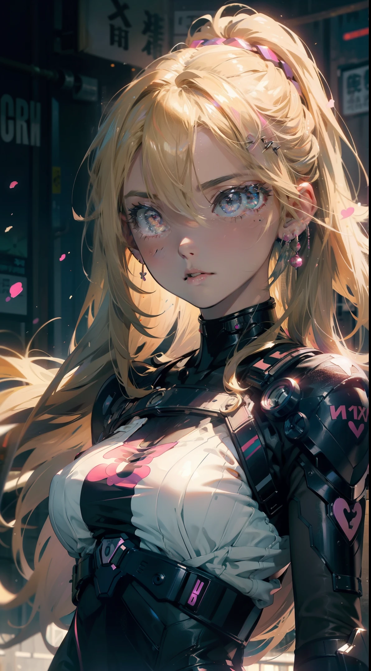 1 girl, blonde hair, blonde woman, pony tail, bright pink eyes, pastel colours, big breastes, Cute hair clips, tattoos on body, bracelets on hands, The film's poster depicts a young woman as the central character。She stands confidently in the center of the poster，Wear trendy cyborg-futuristic outfits，with a determined expression on his face。The background is dark and grainy，There is a sense of danger and a strong sense。The text turned out to be bold and attracted attention，with catchy slogans，Adds overall drama and excitement。The color palette is dominated by dark colors，dotted with bright colors