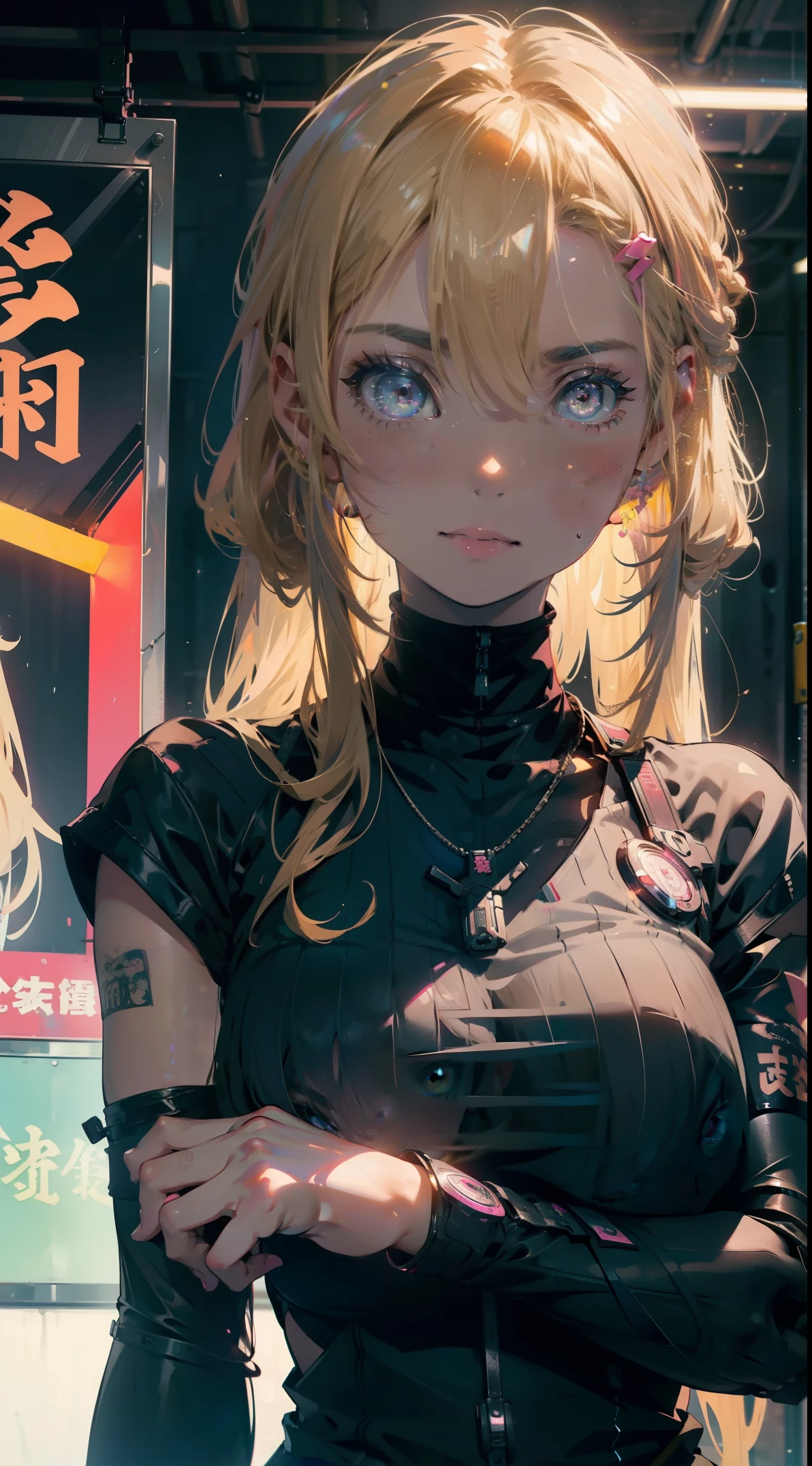 1 girl, blonde hair, blonde woman, pony tail, bright pink eyes, pastel colours, big breastes, Cute hair clips, tattoos on body, bracelets on hands, The film's poster depicts a young woman as the central character。She stands confidently in the center of the poster，Wear trendy cyborg-futuristic outfits，with a determined expression on his face。The background is dark and grainy，There is a sense of danger and a strong sense。The text turned out to be bold and attracted attention，with catchy slogans，Adds overall drama and excitement。The color palette is dominated by dark colors，dotted with bright colors