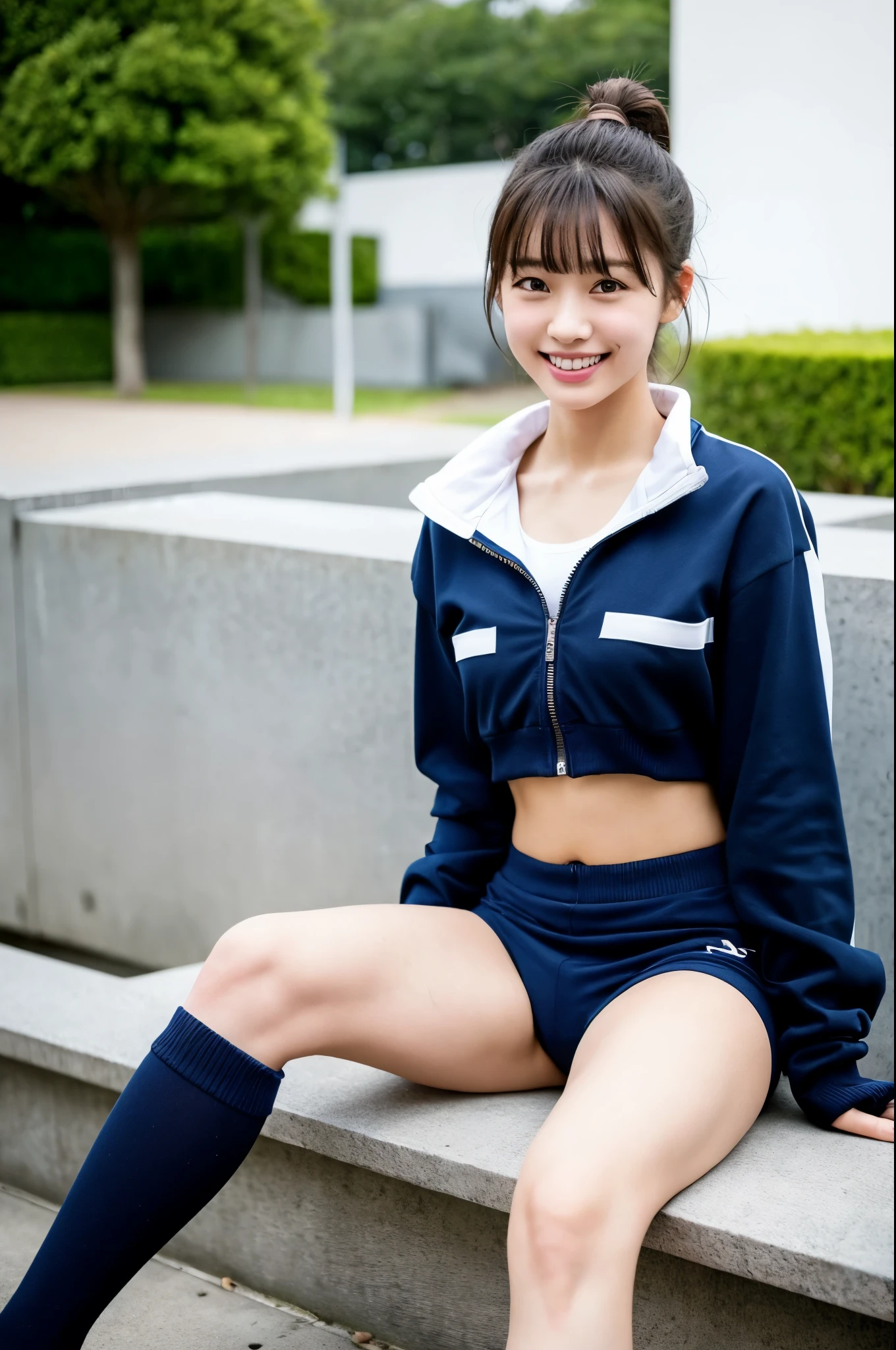 girls standing in school ground,long-sleeved blue tracksuit top,speedo-style navy blue briefs,white high socks,18-year-old,bangs,a little smile,thighs,knees,crotch,short cut hair,low ponytail,from below