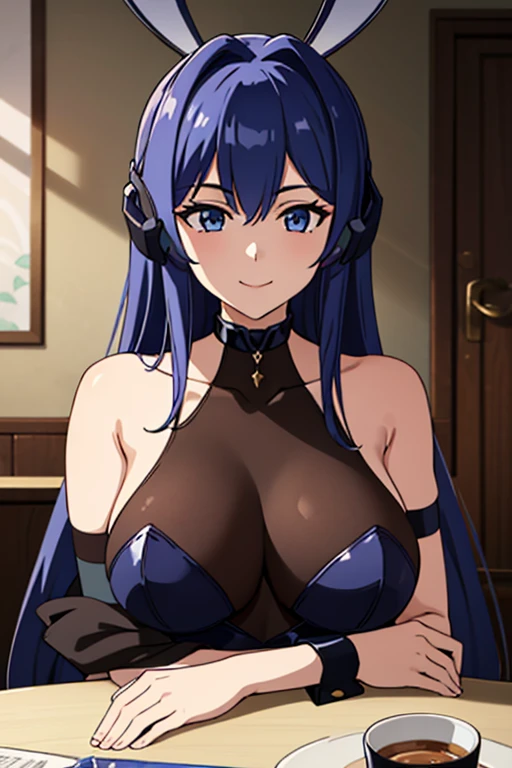1girl in, Solo, face to the viewer, Looking at Viewer, Upper body, Smile, BBNJ, Long hair, Rabbit ears, large udder, bodystocking, covered collarbone, See-through, Strapless, Bare shoulders, Black Leotard, Wrist cuffs, Black pantyhose
