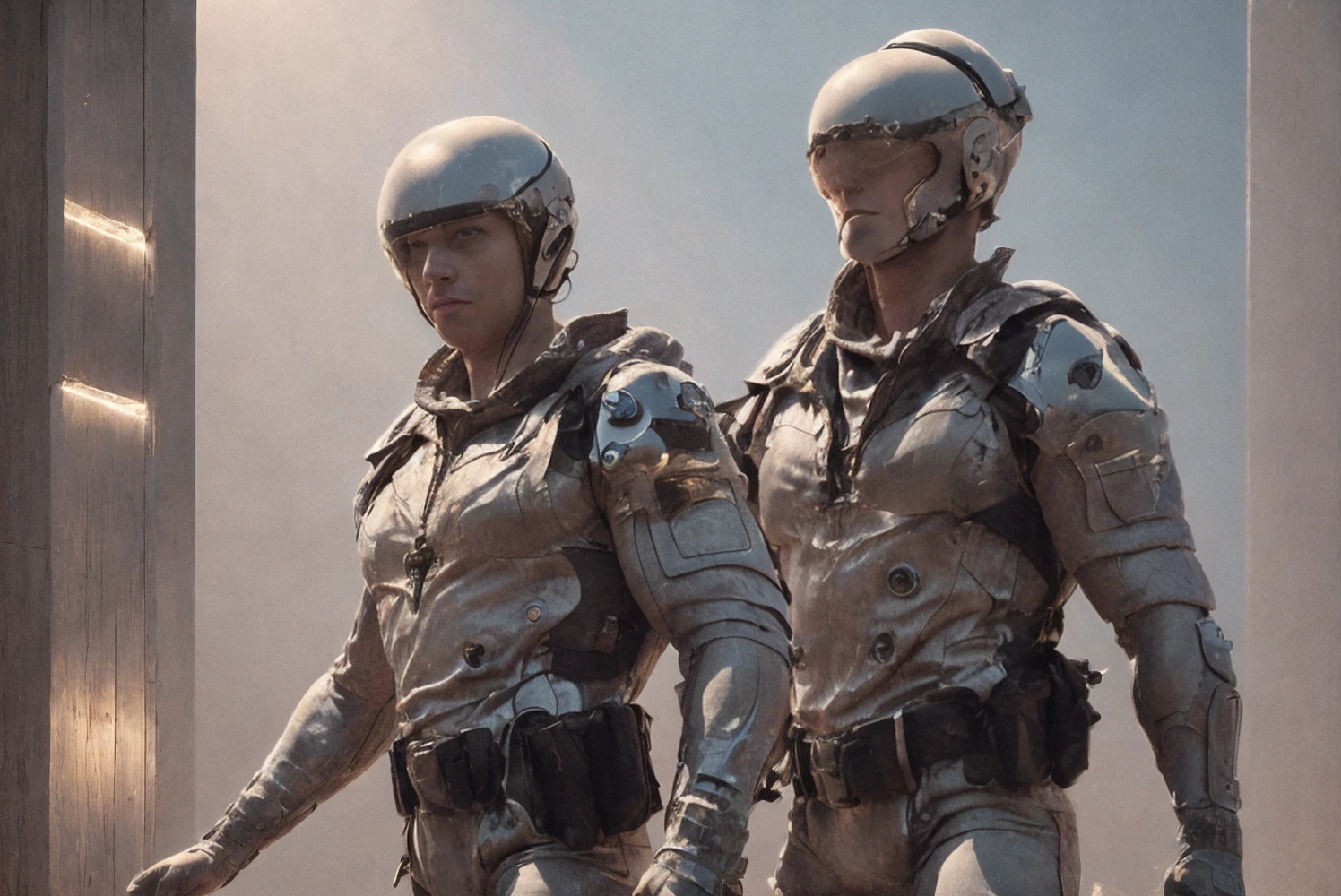 there are two men in armor standing next to each other, from doctor who series, muttonchops, large planets in the background, grey rubber undersuit, cinematic color grading, ron perlman, three heads, characters from machinarium, corrected faces, denmark, 3 heads, cinematic photograph, by Wes Anderson, miners, colony