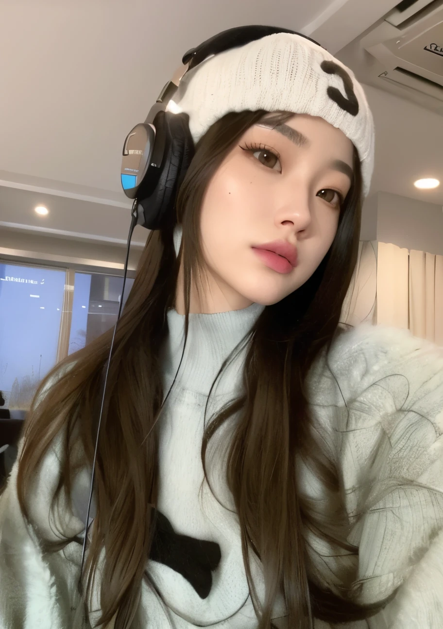 a woman with headphones and a sweater is sitting in a room, ulzzang, Chica coreana, Blackpink Jennie, Wan adorable cara coreana, Hermosa mujer surcoreana, dilraba dilmurat, Sakimichan, Jaeyeon Nam, Jossi de Blackpink, Lalisa Manobal, Parque Roseanne de Blackpink, Ilya Kuvshinov con cabello largo