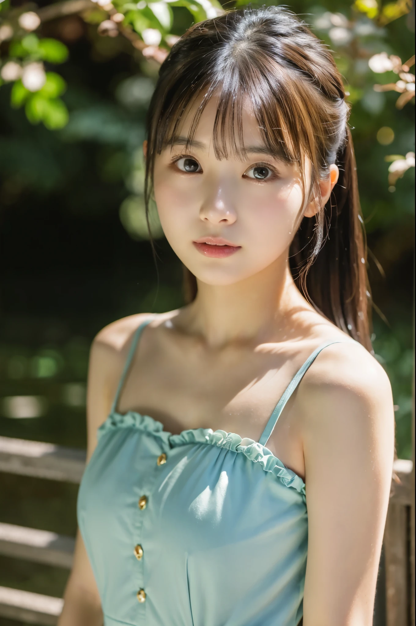 ulzzang -6500-v1.1, (Raw photo:1.2), (Photorealsitic), a beautiful detailed girl, (Real: 1.4), ighly detailedな目と顔, beatiful detailed eyes, A walk in a quiet forest、huge filesize, hight resolution, ighly detailed, top-quality, [​masterpiece:1.6], illustratio, ighly detailed, nffsw, finely detail, top-quality, 8k wallpaper, Cinematographic lighting, selfee、instagram、1girl in, 17 age, perfect body type, cute droopy eyes beautiful big eyes、Pieckfinger, ((masutepiece)), Best Quality, 1girl in, eye shadow, Upper body, Portrait, ((FULL BODYSHOT:1.2))、