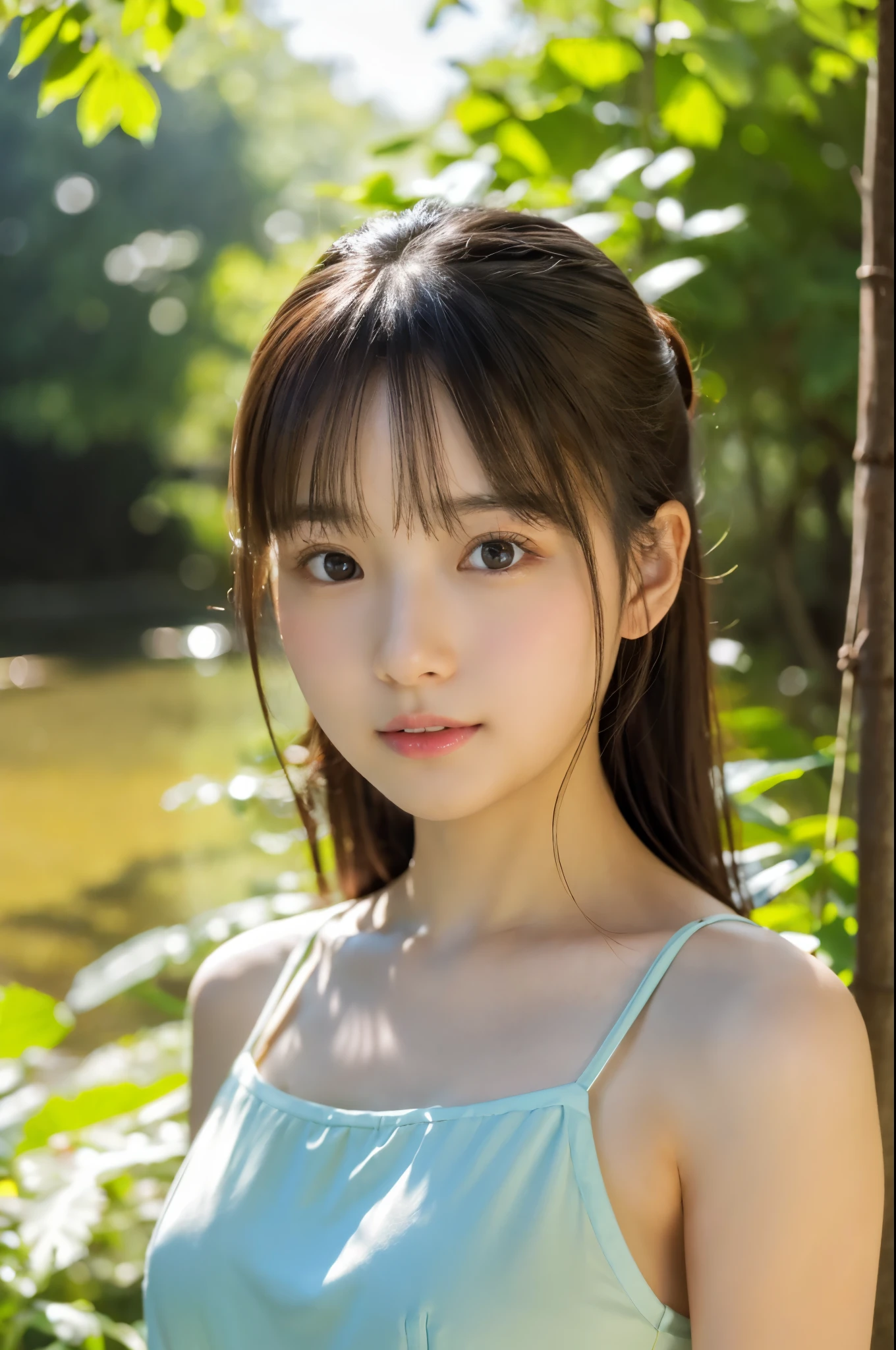 ulzzang -6500-v1.1, (Raw photo:1.2), (Photorealsitic), a beautiful detailed girl, (Real: 1.4), ighly detailedな目と顔, beatiful detailed eyes, A walk in a quiet forest、huge filesize, hight resolution, ighly detailed, top-quality, [​masterpiece:1.6], illustratio, ighly detailed, nffsw, finely detail, top-quality, 8k wallpaper, Cinematographic lighting, selfee、instagram、1girl in, , perfect body type, cute droopy eyes beautiful big eyes、Pieckfinger, ((masutepiece)), Best Quality, 1girl in, eye shadow, Upper body, Portrait, ((FULL BODYSHOT:1.2))、