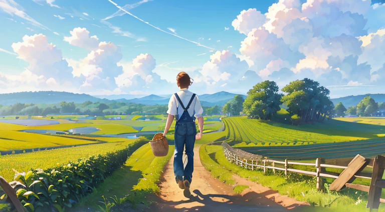 (best quality,4k,8k,highres,masterpiece:1.2),ultra-detailed,realistic,photorealistic:1.37,landscape,((a man walking in his field)) ,comfortable clothing,carefree,wind blowing through hair,overalls,barefoot,dirt path,farmhouse in the distance,blue sky,white clouds,shadows from trees,dewdrops on leaves,fresh morning air,harmony with nature,wide open space,vibrant colors,natural lighting,crisp and clear view,harvest season.