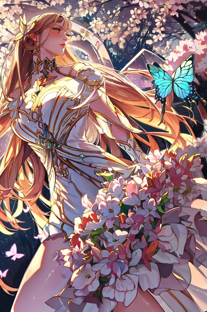(a beautiful,zoom,HD),close-up of a girl's face,soft natural light,delicate features,long eyelashes,beautiful detailed eyes,beautiful detailed lips,tender expression,hint of a smile,subtle blush on her cheeks,strands of hair framing her face,natural makeup,ethereal atmosphere,porcelain skin,[garden] in the background with vibrant flowers,butterflies dancing around her,motion blur to create a dreamy effect,medium:oil painting,subtle brush strokes,glossy finish,vivid colors,contrast between warm and cool tones,slightly abstract style,impressionistic brushwork to capture the magical essence of the scene