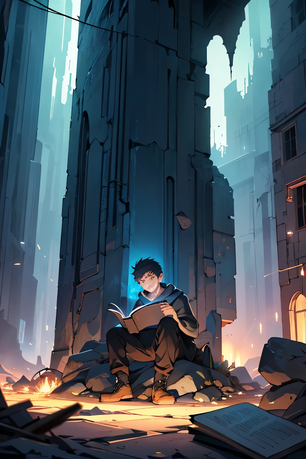 "Generate an image of a rock-inspired boy engrossed in reading a magical, glowing book. The boy, sitting with an expression of surprise and excitement, is surrounded by an apocalyptic setting, depicting the end of the world. The magical book emits enchanting lights, creating a captivating contrast with the ominous backdrop, capturing the blend of wonder and chaos in this surreal scene."