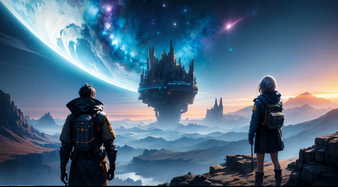 Draw a young female programmer, standing on a research platform floating in the middle of an asteroid belt, turn her back on viewers , from behind,surrounded by several asteroids glowing with fiery auras BREAK Dramatic lighting from distant stars and planets illuminates the scene, casting deep shadows on the suit, looking at the vast and mysterious universe with wonder and respect,BREAK,Detailed,Realistic,4k highly detailed digital art,octane render, bioluminescent, BREAK 8K resolution concept art, realism,by Mappa studios,masterpiece,best quality,official art,illustration,ligne claire,(cool_color),perfect composition,absurdres, fantasy,focused,rule of thirds