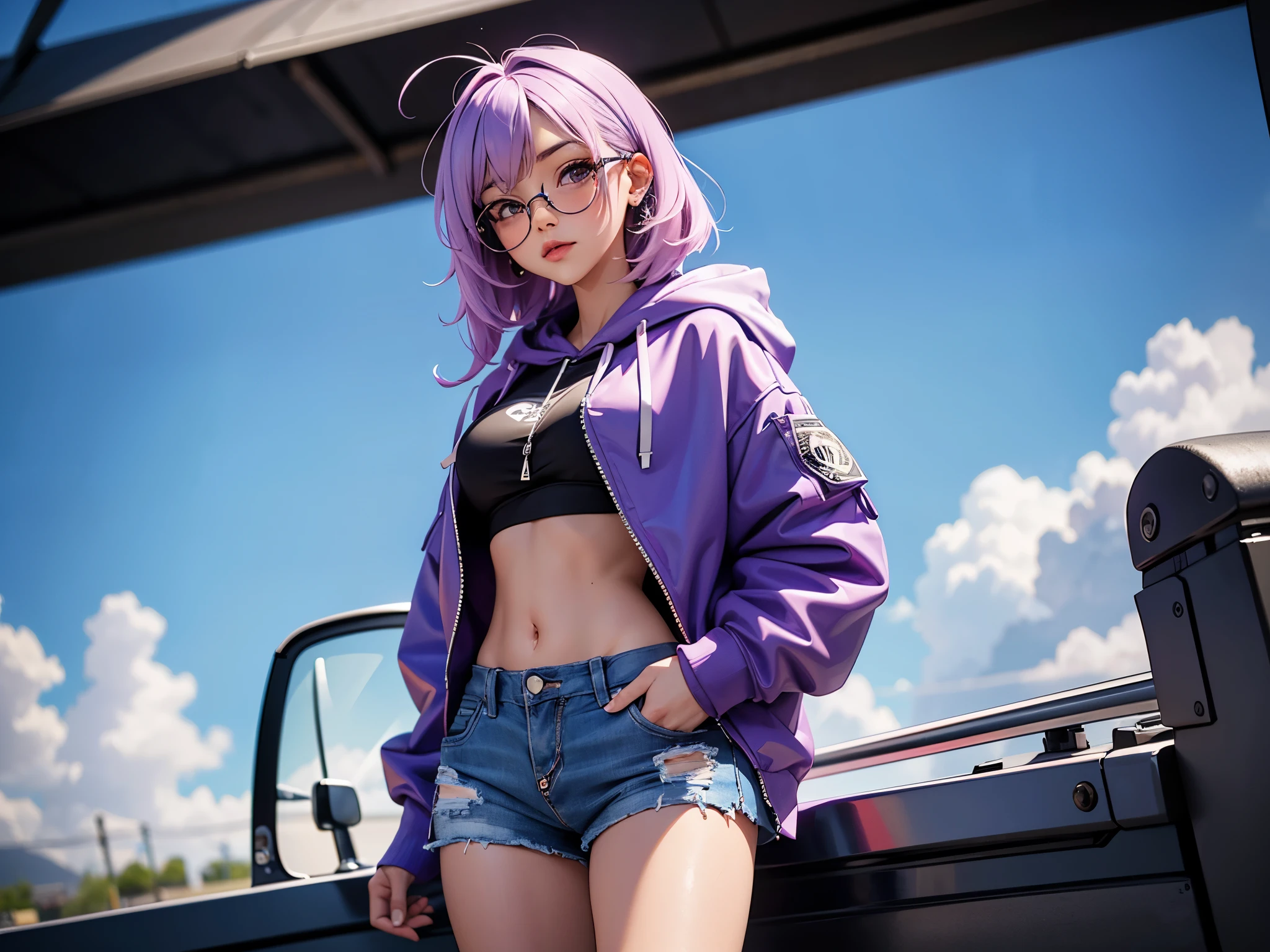 (most detailed, 8k, brilliantly executed),(high resolution, extreme attention taken to detail),(1girl),(pastel purple hair, black open zipped hoodie, jean shorts, tattoos),(nose piercing) Glasses