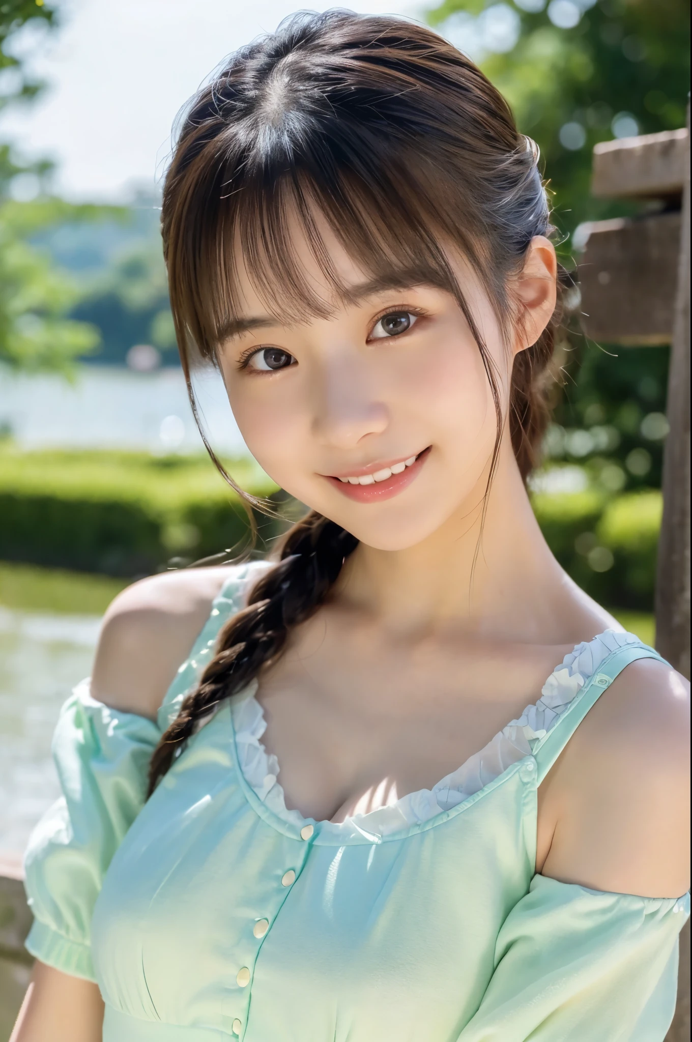 ulzzang -6500-v1.1, (Raw photo:1.2), (Photorealsitic), a beautiful detailed girl, (Real: 1.4), ighly detailedな目と顔, beatiful detailed eyes, quiet lakeside、huge filesize, hight resolution, ighly detailed, top-quality, [​masterpiece:1.6], illustratio, ighly detailed, nffsw, finely detail, top-quality, 8k wallpaper, Cinematographic lighting, selfee、Instagram、1girl in, 17 age, perfect body type, cute droopy eyes beautiful big eyes、Pieckfinger, ((masutepiece)), Best Quality, 1girl in, eye shadow, Upper body, Portrait, ((FULL BODYSHOT:1.2))、(Very affectionate smile:1.2)、