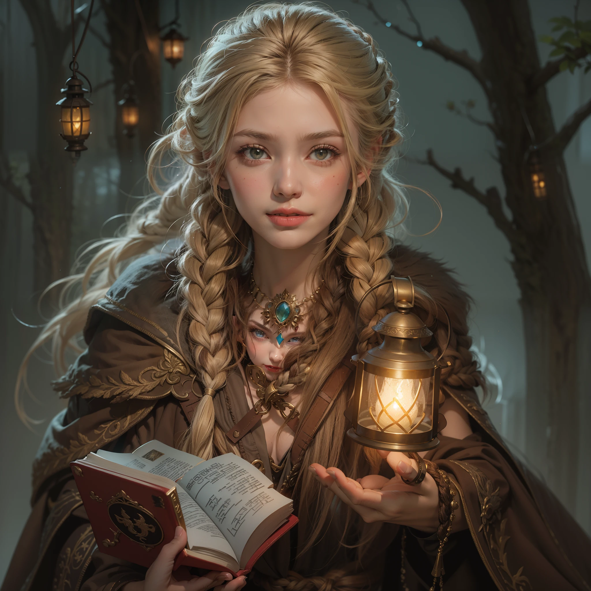 masterpiece, best quality, ultra-detailed, Female sorceress, hazel eyes, icy eyes, She has a cold smile on her mouth, magic book in her right hand, In her left hand hangs a small lantern, blond hair parted and down in two braids, modest brown dress, reddish brown braided sandals, Deep moss-colored damaged cloak over her shoulders,