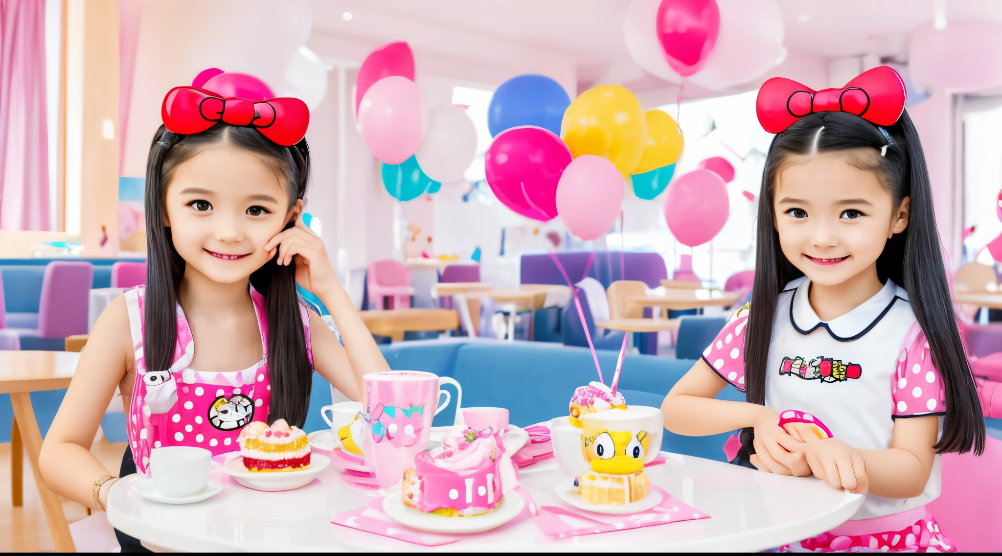 Photo realistic, cinematic, surreal, high res, 1 hello kitty cartoon charctor, sitting in a modern cafe, smiling , a birthday party, Sanri charators, cute, kawii
