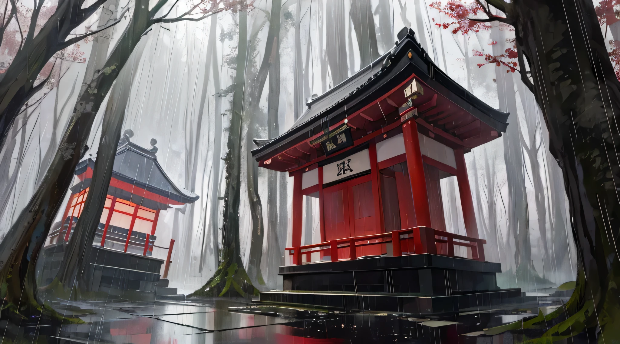 forest, temple, japan, night, rain, high res, ultrasharp, 8k, masterpiece