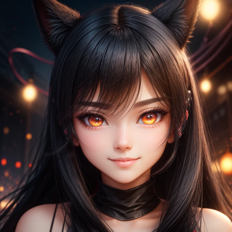 black hair, hair bobbles, wince, longeyelashes, solid circle eyes, fake animal ears, light smile, ear blush, fang, Surrealism, drop shadow, anaglyph, stereogram, tachi-e, pov, atmospheric perspective, 8k, super detail, ccurate, best quality