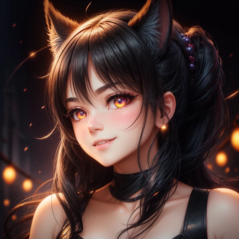 black hair, hair bobbles, wince, longeyelashes, solid circle eyes, fake animal ears, light smile, ear blush, fang, Surrealism, drop shadow, anaglyph, stereogram, tachi-e, pov, atmospheric perspective, 8k, super detail, ccurate, best quality