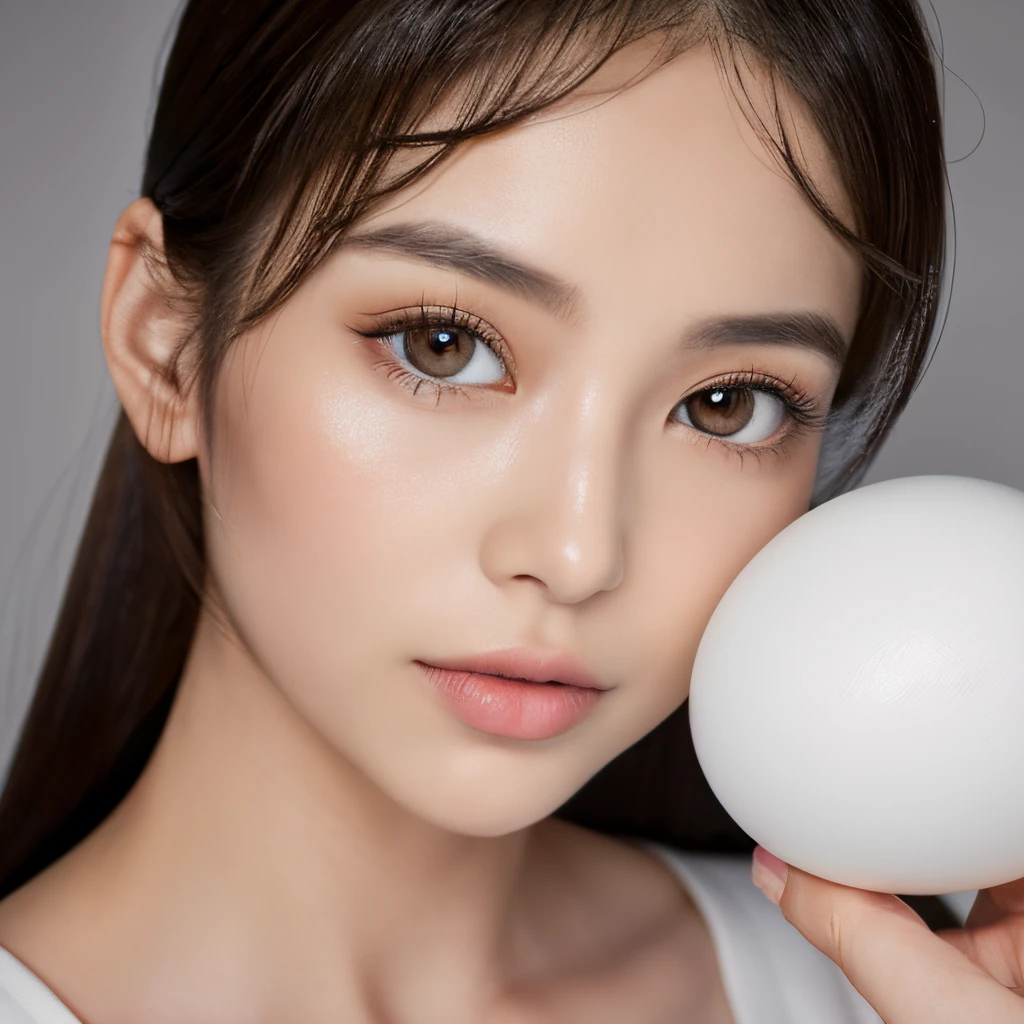 (8K, nffsw, hight resolution), ((((Photography, Raw photo, Hyper-Realism, masutepiece, Best Quality, 超A high resolution)))), (Pin Light, Back Light, Backlighting, Cinematic Light), Sharp Focus:1. 4, (Hyper Detail, Finely detailed), Face Close-up, close-up,, 1girl in, Egg-shaped face with cat-like eyes, Small and plump lips, Straight and cute nose, cheekbones turn a little red, thick eyebrows and long, clean eyelashes,.