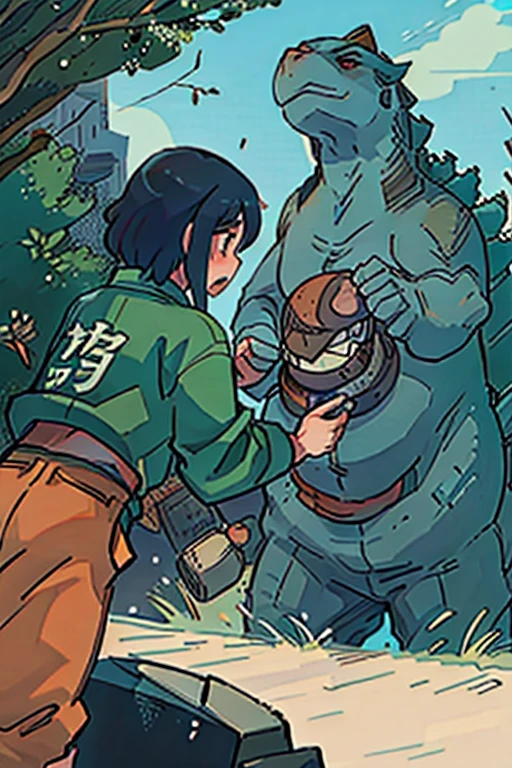 Drawing Momotaro vs.. Godzilla