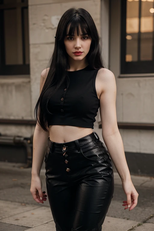 Incredibly beautiful pale skin woman with long black hair with bangs, almond eyes, button nose, red lipstick, wearing black crop tank top, low waist cargo pants, black leather boots