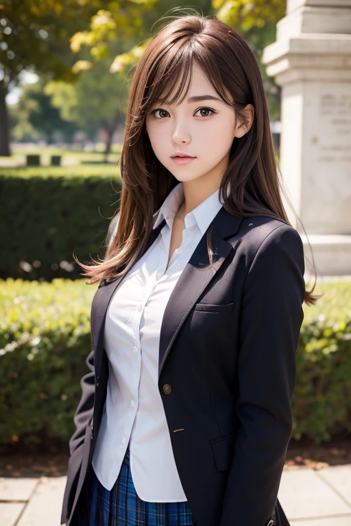 Realistic high school girl wearing a blazer,Brown hair,soio,a park