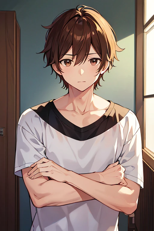 masutepiece, Best Quality, Illustration, 1boy, Solo, Male Focus, Looking at Viewer, Upper body, , Anime coloring, , Hayato_shinomiya, Brown hair, Brown eyes, , , 8K resolution
