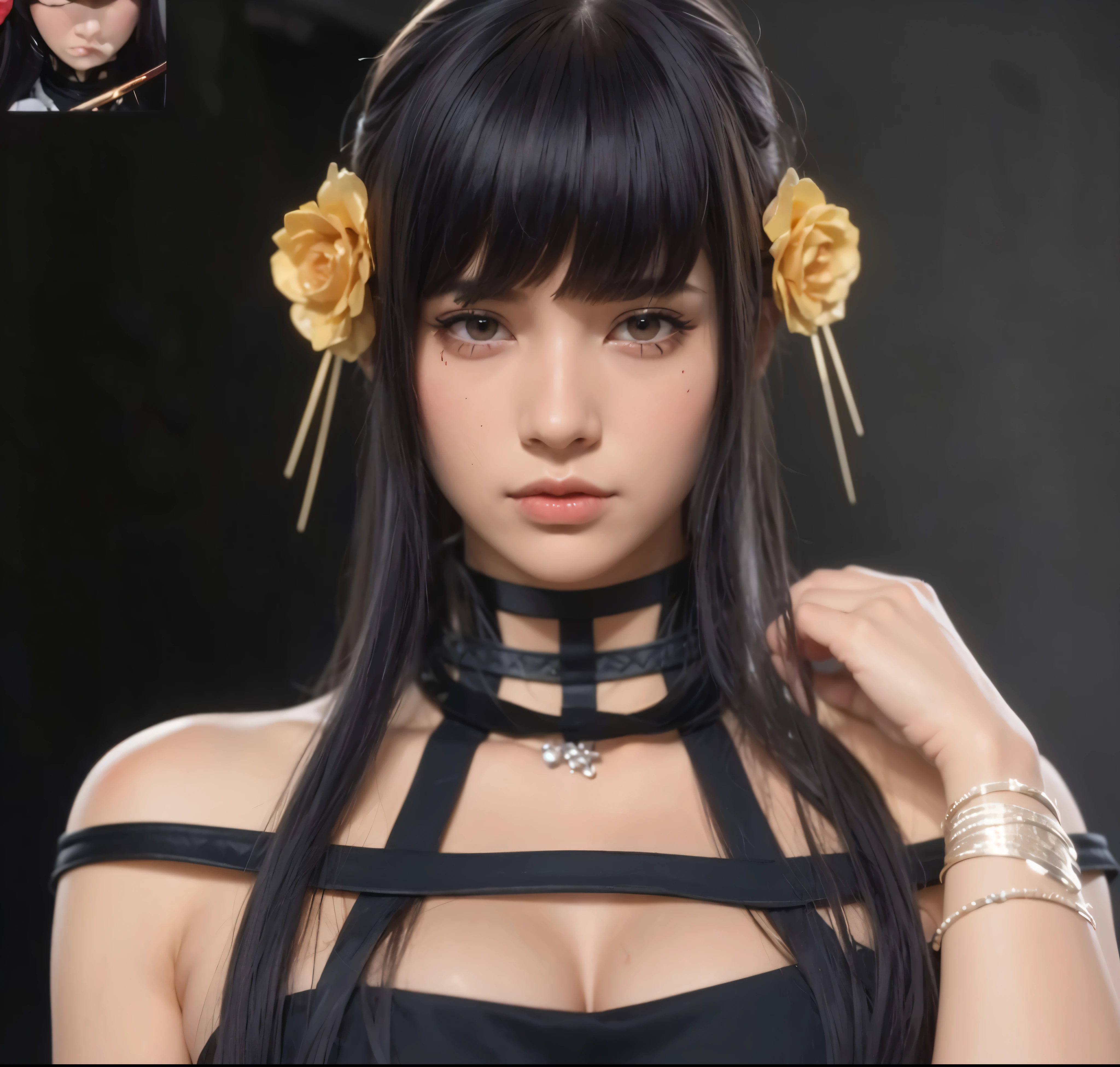 Red eyes, Golden Hairband, Golden flower hairband, badd some blood on her face, add some pig thorns and red flowers at the background,