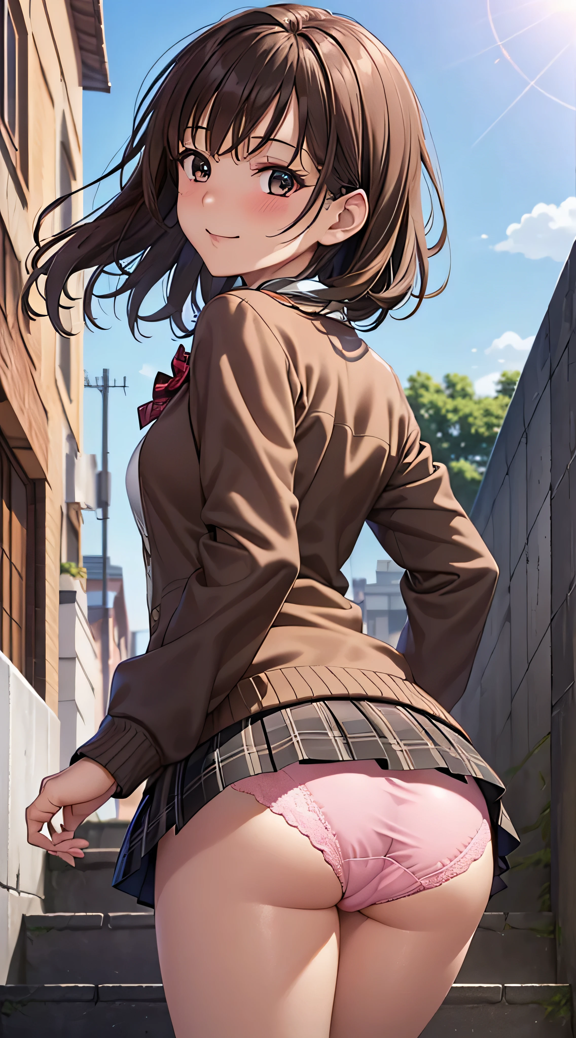 ((masutepiece, Best Quality, hight resolution, nffsw, Perfect Pixel, 4K, nffsw, nffsw))), 1girl in, Single, Solo, Beautie、full body seen、 ((Middle Wave Hair, Bangs, Brown hair)), ((Brown-eyed, Beautiful eyelashes, Realistic eyes)), ((Detailed face, Blushing:1.2)), ((Smooth texture:0.75, Realistic texture:0.65, Photorealistic:1.1, Anime CG style)), medium breasts, Dynamic Angle, Perfect body, ((red bowtie, School uniform, Black jacket, Open jacket, Brown cardigan, White shirt, Black skirt, plaid skirts)), City staircase、Looking up from the bottom of the stairs、Very embarrassing panic smile, turned around、bending forward、(The wind flipped my skirt and exposed my butt.....................、Touching the buttocks with both hands、Light pink floral lace panties)、