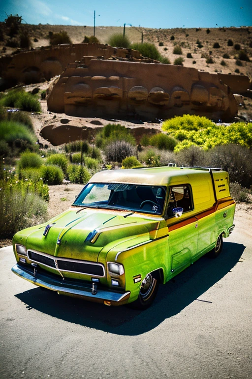 une voiture décapotable verte avec un crâne sur le capot, conduite par un squelette avec un chapeau mexicain sur la tête Lowriders, fanfaronner! Culture Lowrider, Illustration numérique détaillée, Style Lowrider, Illustration numérique stylisée, Illustration numérique en couleur, inspiré par Ed Roth, Style des œuvres de GTA V, Illustration numérique mate, Illustration commerciale, Art vectoriel très détaillé