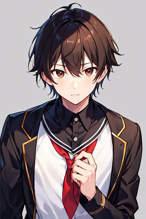 masutepiece, Best Quality, High quality, 1boy, Solo, Male Focus, Looking at Viewer, Upper body, Ma Bu_kou, Black hair, Brown eyes, School uniform, Shirt, ,