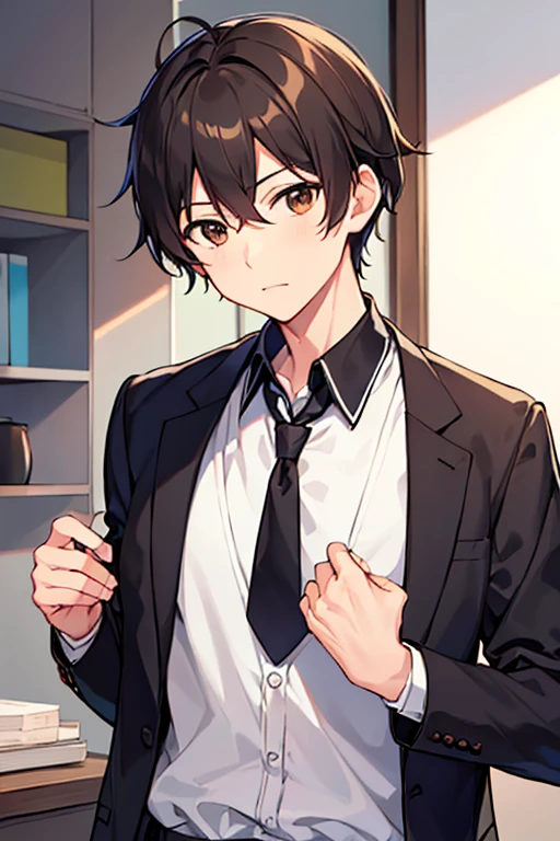 masutepiece, Best Quality, High quality, 1boy, Solo, Male Focus, Looking at Viewer, Upper body, Ma Bu_kou, Black hair, Brown eyes, School uniform, Shirt, ,