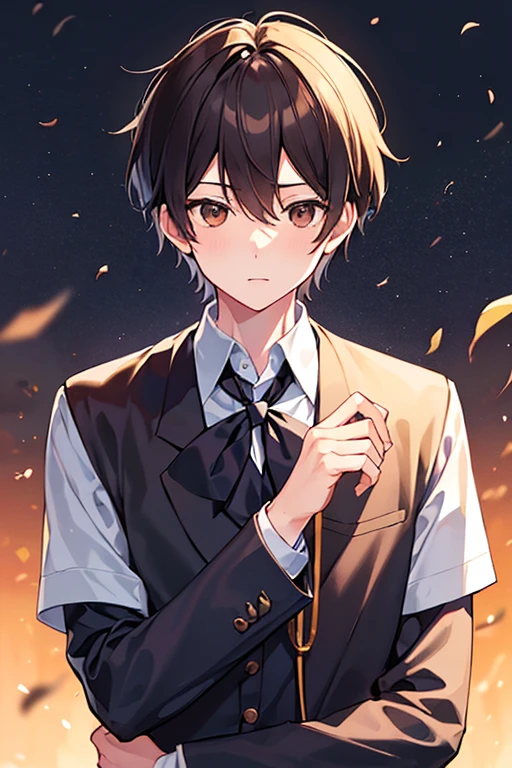 masutepiece, Best Quality, High quality, 1boy, Solo, Male Focus, Looking at Viewer, Upper body, Ma Bu_kou, Black hair, Brown eyes, School uniform, Shirt, ,