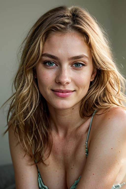 Beautiful blond girl, Very detailed, 25 years, cute, visage innocent, natural wavy hair, long hair, sharp face, High resolution, Masterpiece, Best quality, intricate high detail, highly detailed, detailed skin, realistic skin texture, texture, detailled eyes, 4K, perfect fit body, Extremely detailed, photoreallistic, Realstic, Post-traitement, maximum details, roughness, real life, ultra realist, photorealism, 8K UHD, green eyes, light smile, same eyes