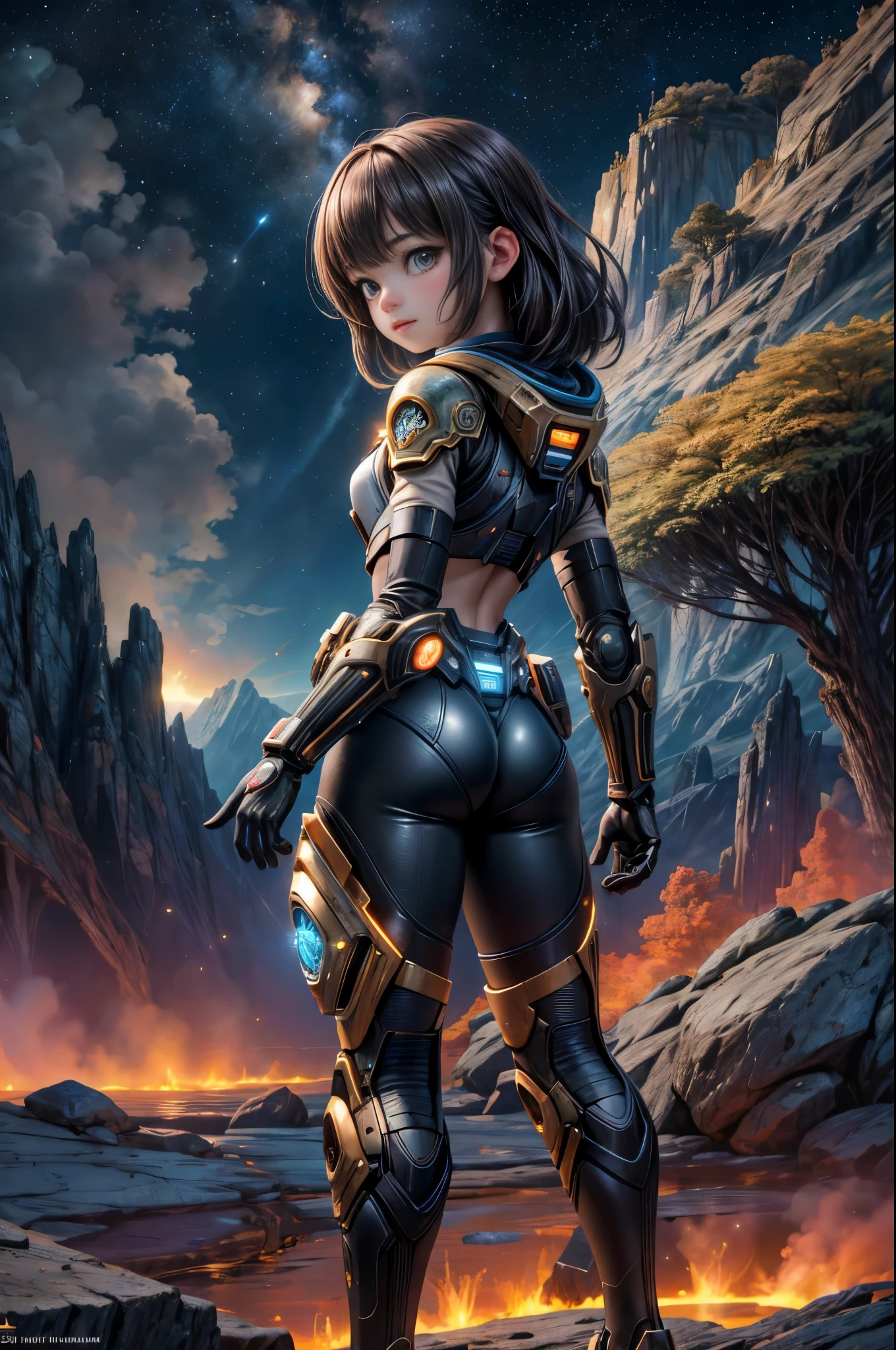 Draw a young female programmer, standing on a research platform floating in the middle of an asteroid belt, turn her back on viewers , from behind,surrounded by several asteroids glowing with fiery auras BREAK Dramatic lighting from distant stars and planets illuminates the scene, casting deep shadows on the suit, looking at the vast and mysterious universe with wonder and respect,BREAK,Detailed,Realistic,4k highly detailed digital art,octane render, bioluminescent, BREAK 8K resolution concept art, realism,by Mappa studios,masterpiece,best quality,official art,illustration,ligne claire,(cool_color),perfect composition,absurdres, fantasy,focused,rule of thirds