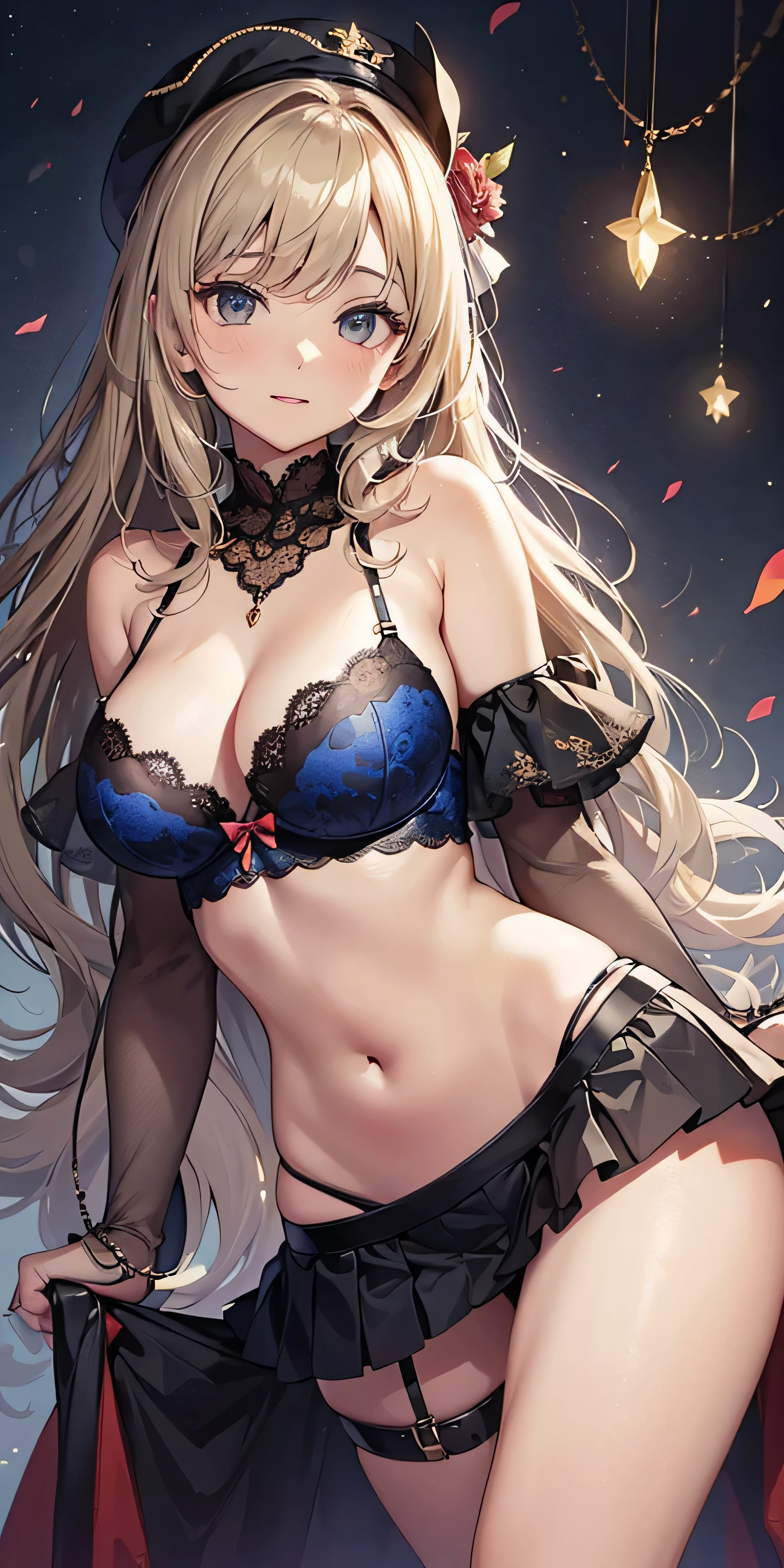 masutepiece, Best Quality, the Extremely Detailed CG Unity 8K Wallpapers, Sexy witch costume , Long dark blonde wavy hair、off-shoulder knit, (darkblue pleated skirt), Medium milk, see- through nipple, Shy laughter, bare shoulder pose)、(turned around)、sexy hips、sexy red lace bra and panties、Black High Heels、Luxurious magic wand and book、Church of the castle、sexy pose、Leaning forward to emphasize the chest