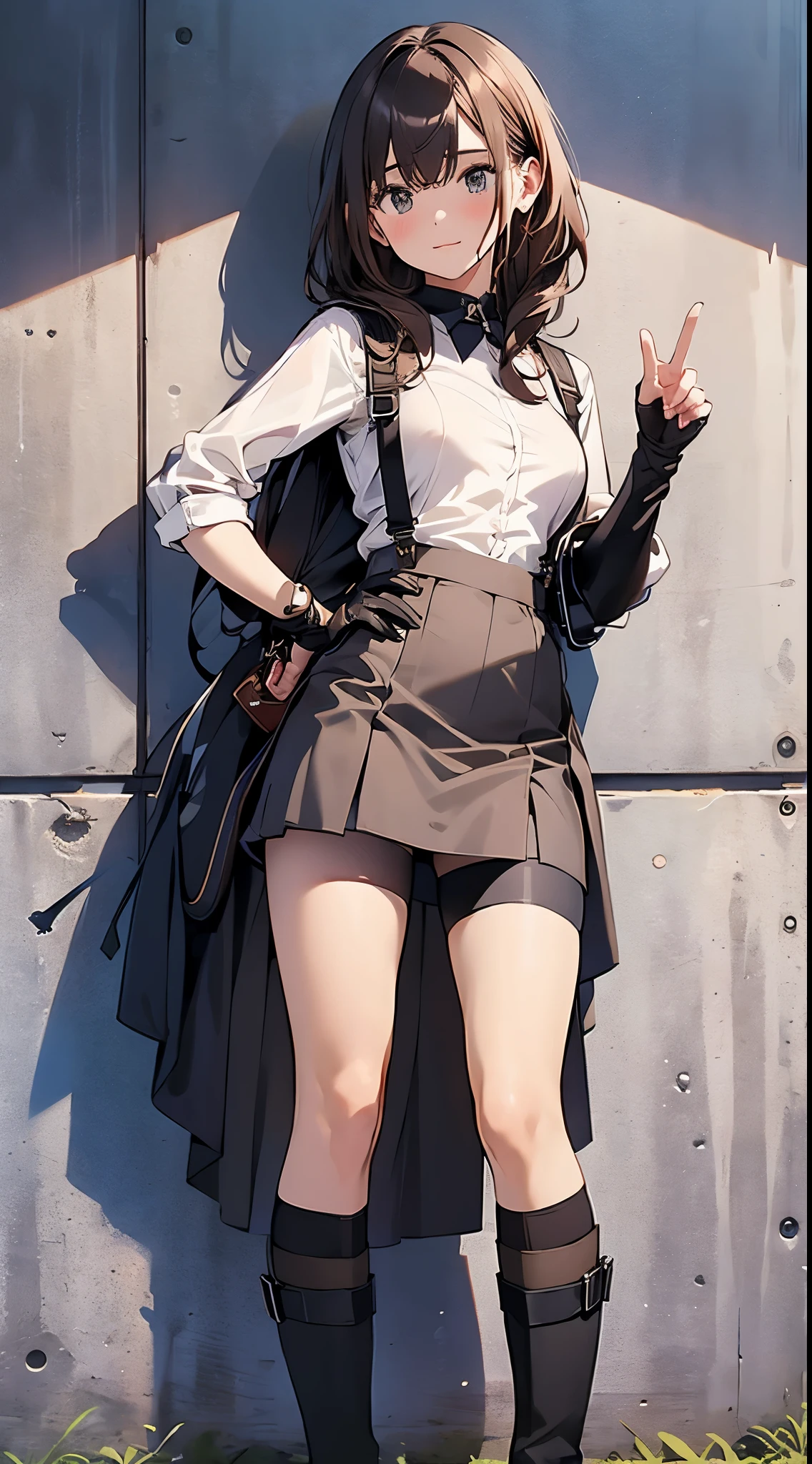 Brown hair、watching at viewers black suspenders Bulging big breasts walls: Black miniskirt garters Gaze Small face bangss holster Beautuful Women hands up レッグholster ベッドに横たわる Gaze black boots panty shot provocation flank flank汗 soio arm
