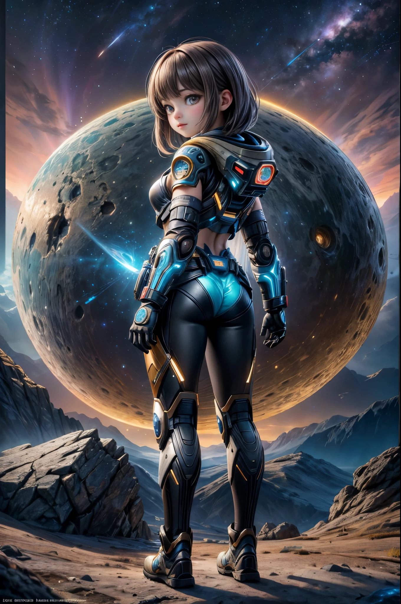 Draw a young female programmer, standing on a research platform floating in the middle of an asteroid belt, turn her back on viewers , from behind,surrounded by several asteroids glowing with fiery auras BREAK Dramatic lighting from distant stars and planets illuminates the scene, casting deep shadows on the suit, looking at the vast and mysterious universe with wonder and respect,BREAK,Detailed,Realistic,4k highly detailed digital art,octane render, bioluminescent, BREAK 8K resolution concept art, realism,by Mappa studios,masterpiece,best quality,official art,illustration,ligne claire,(cool_color),perfect composition,absurdres, fantasy,focused,rule of thirds