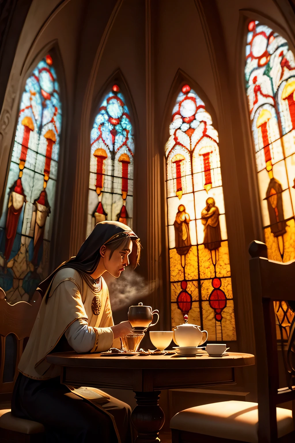 table with a cup of coffee in front a stained glass window picturing a holy grail. Religious scene matte painting, sunset, warm tones. Cinematic Still, hyper-realistic, masterpiece