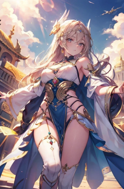 4k,alta resolução,uma mulher,harpia,cabelos loiros brilhantes,Cabelos compridos,olhos azuis brilhantes,Enorme teto,asas brancas brilhantes,golden toenails,deusas,valkyrie,jewelry decorations,Temple in Heaven