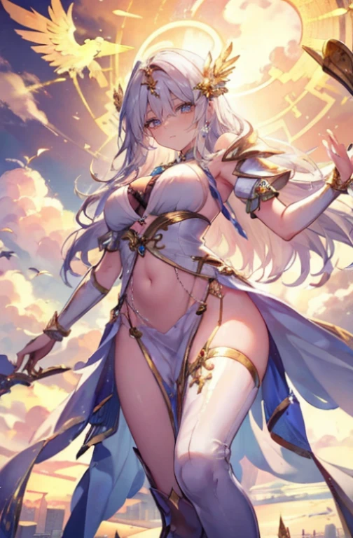 4k,alta resolução,uma mulher,harpia,cabelos loiros brilhantes,Cabelos compridos,olhos azuis brilhantes,Enorme teto,asas brancas brilhantes,golden toenails,deusas,valkyrie,jewelry decorations,Temple in Heaven