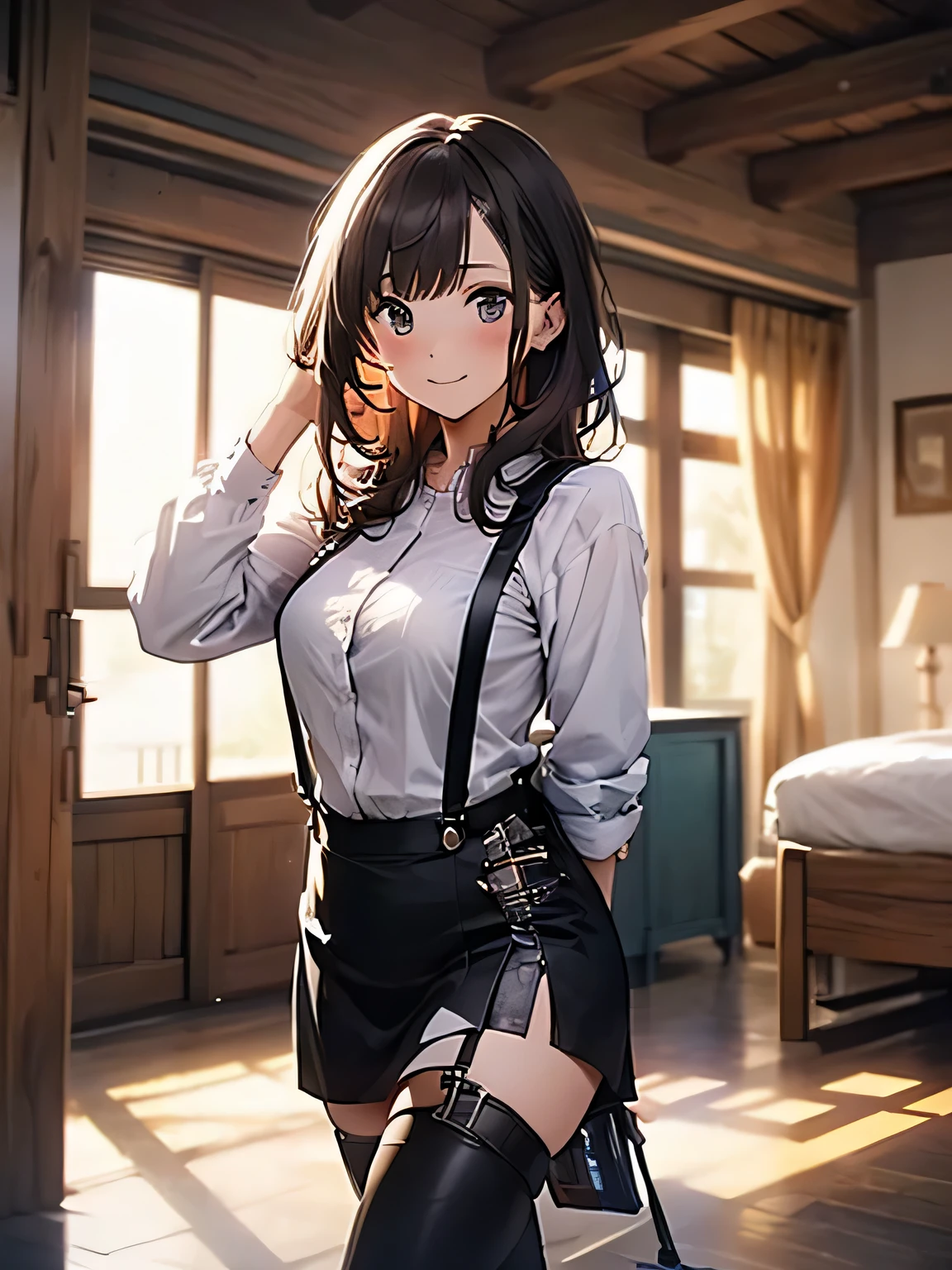 Brown hair、watching at viewers black suspenders bulging big tits walls: Black miniskirt garters Gaze a small face bangss holster Beautuful Women Hands up レッグholster ベッドに横たわる Gaze black boots panty shot Provocation flank flank汗 Soio arms are