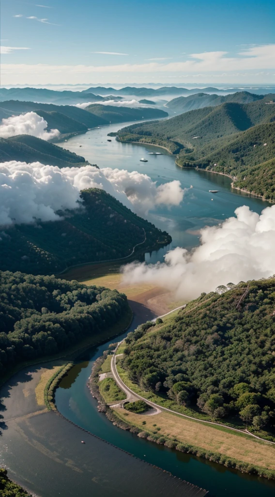 Overhead view of a vast forest with a river that flows into an ocean, birds flying, clouds in the sky at dawn, sun shining