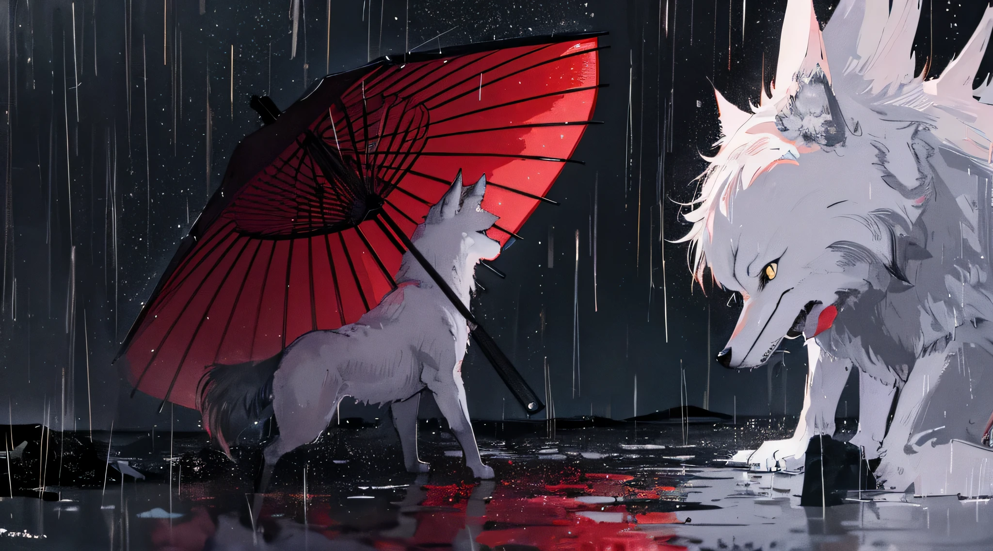 wolf, japan, night, rain, high res, ultrasharp, 8k, masterpiece