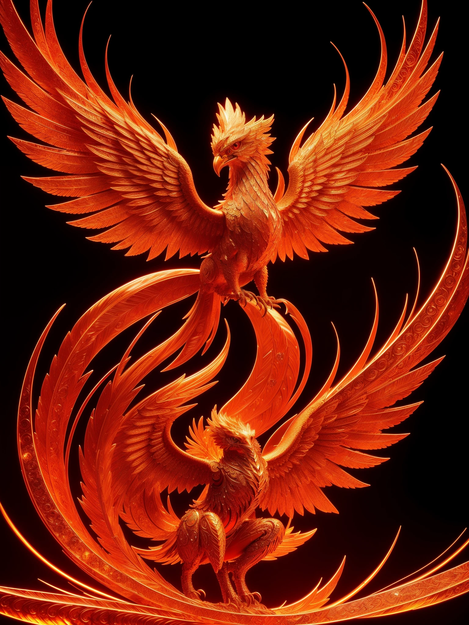 A lovely crystal phoenix made of red crystal, full body, 4K, (cyborg:1.1), ([tail|detail wire]:1.3), (intricate detail), hdr, (intricate detail, super detail:1.2), cinematography, vignetting, centering, A cute phoenix made of crystal, 4K, (cyborg:1.1), ([tail|detail wire]:1.3), (intricate detail), hdr, (intricate detail, super detail:1.2), cinematography, vignetting, centering