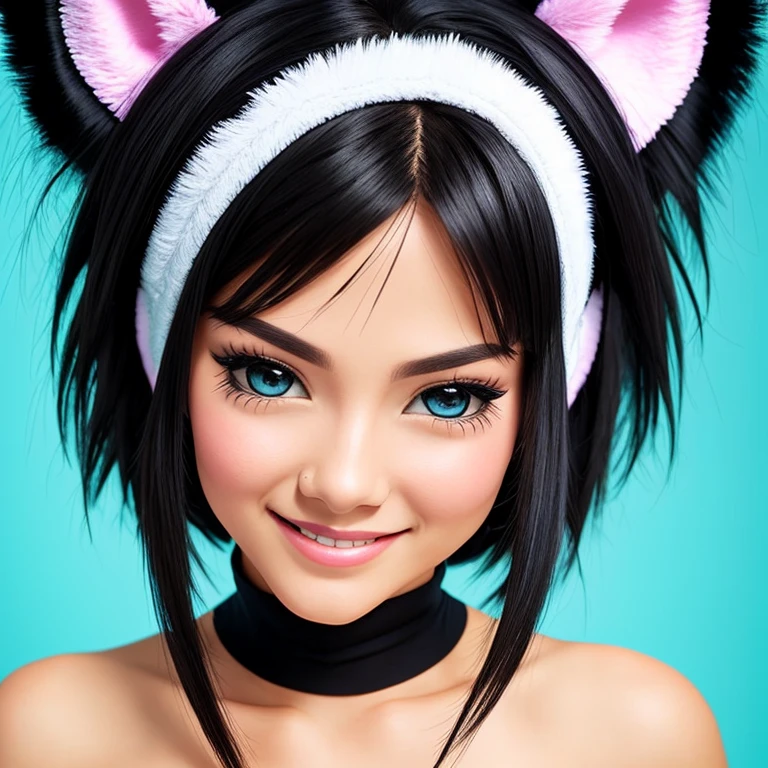 black hair, hair bobbles, wince, fake animal ears, light smile, ear blush, fang, Surrealism, drop shadow, anaglyph, tachi-e, pov, atmospheric perspective, 8k, super detail, ccurate, best quality, textured skin