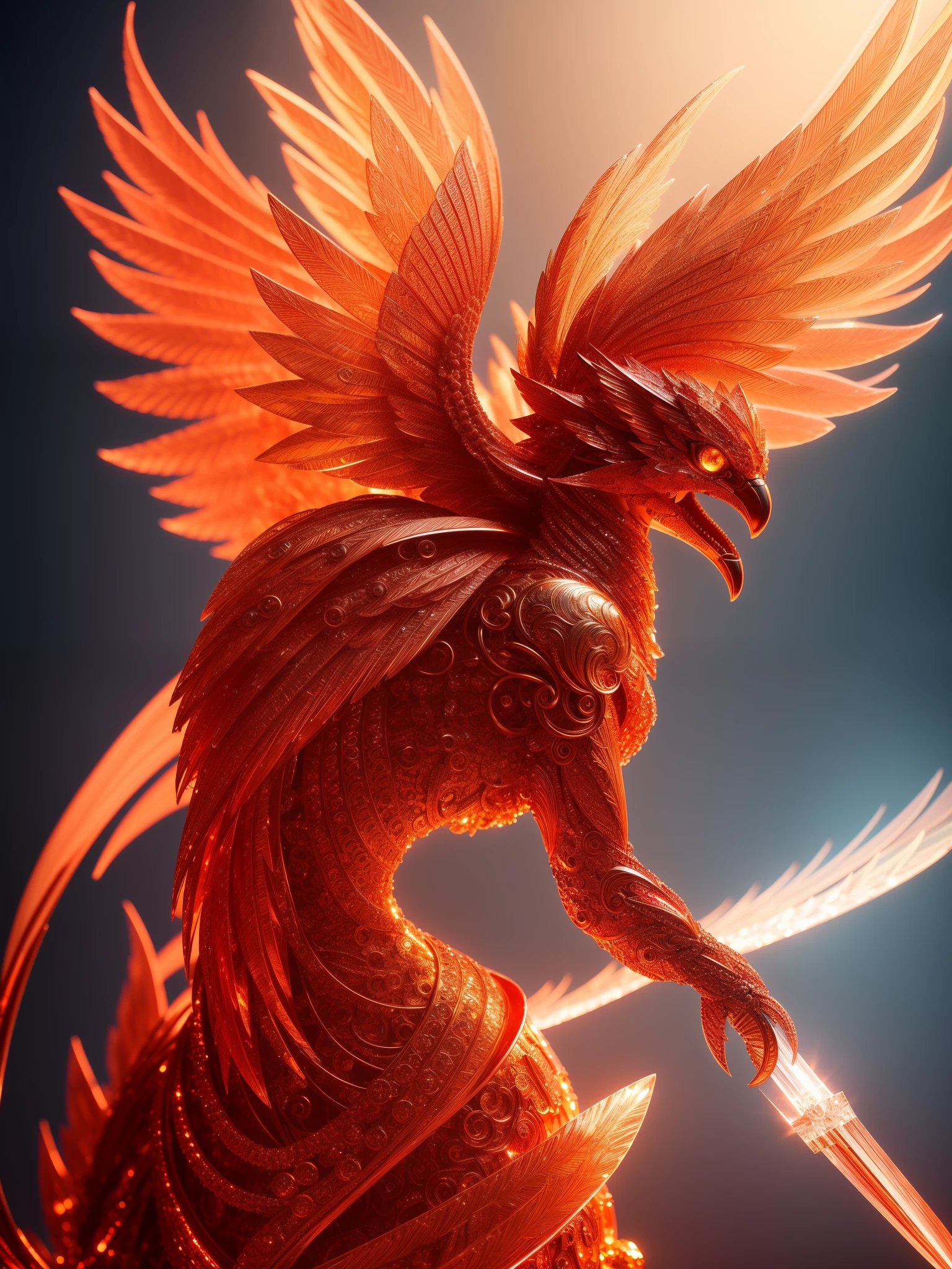 A lovely crystal phoenix made of red crystal, full body, 4K, (cyborg:1.1), ([tail|detail wire]:1.3), (intricate detail), hdr, (intricate detail, super detail:1.2), cinematography, vignetting, centering, A cute phoenix made of crystal, 4K, (cyborg:1.1), ([tail|detail wire]:1.3), (intricate detail), hdr, (intricate detail, super detail:1.2), cinematography, vignetting, centering