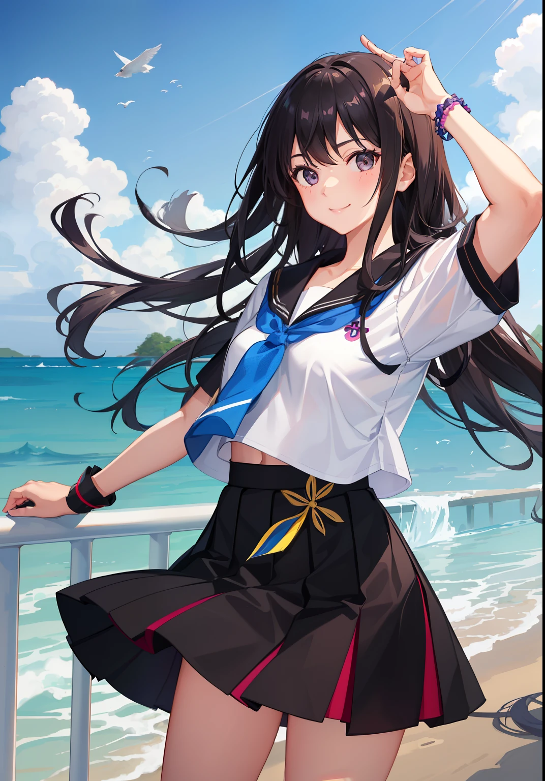 1girl in、As-、A smile、The shirt、skirt by the、Light in the eyes、（highlight in eyes）、（small tits）Chilarism、Japan High School Student Uniform、serafuku、summer clothing、（Portrait from the knee up）、