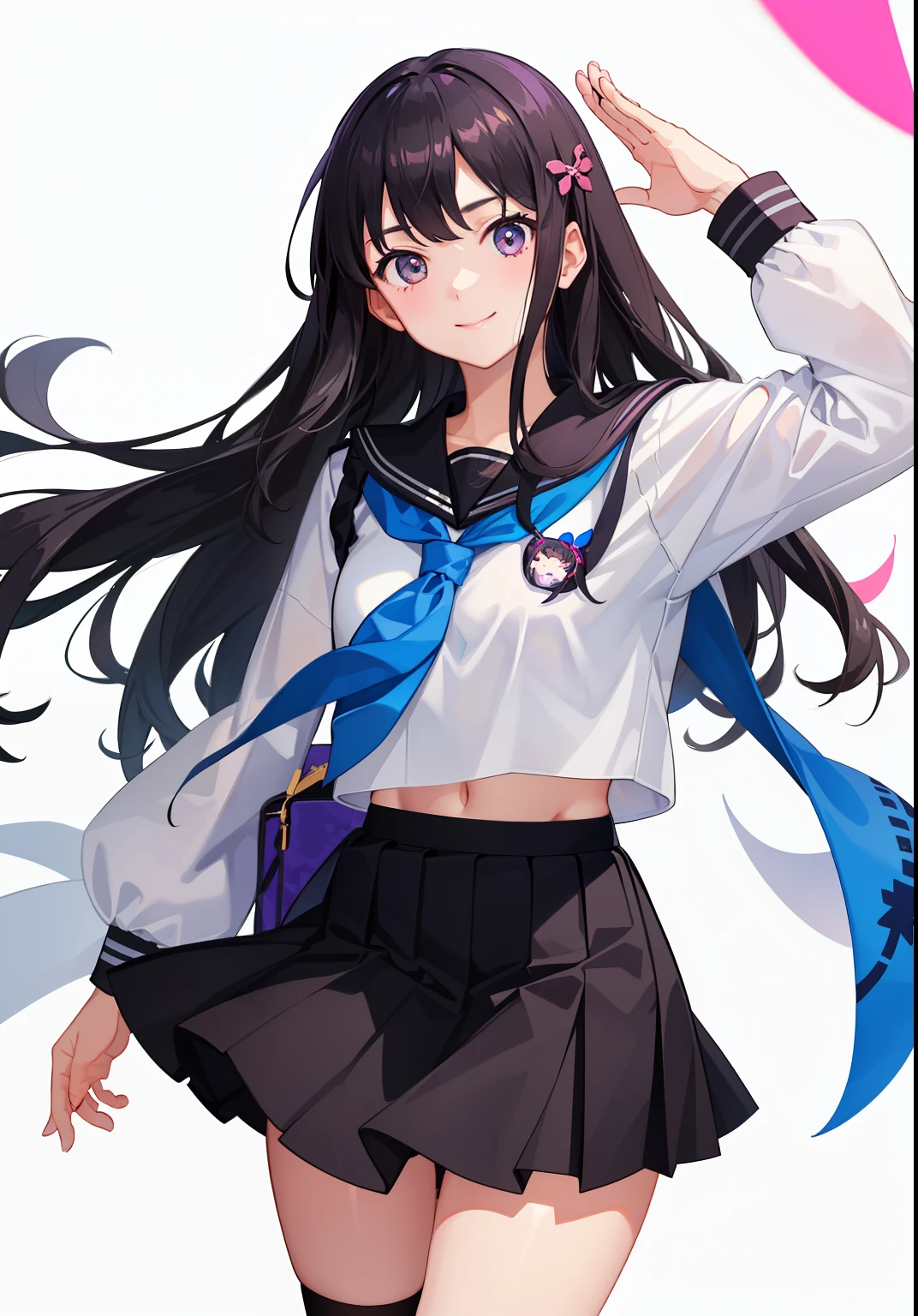 1girl in、As-、A smile、The shirt、skirt by the、Light in the eyes、（highlight in eyes）、（small tits）Chilarism、Japan High School Student Uniform、serafuku、summer clothing、（Portrait from the knee up）、
