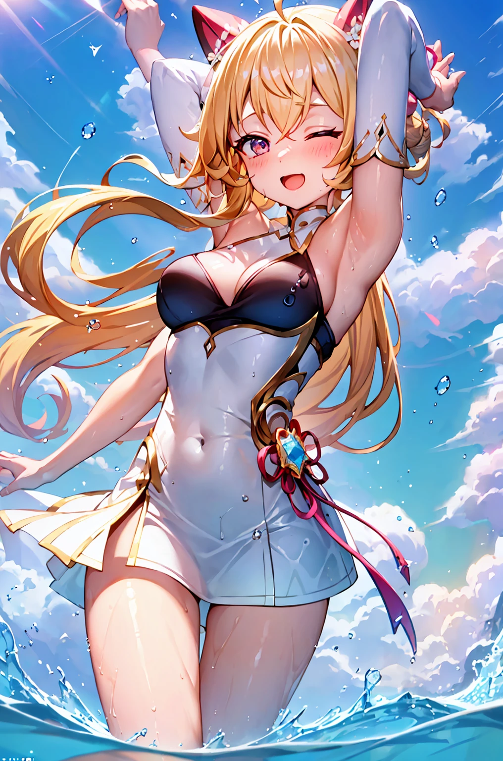 Best quality, tmasterpiece, Incredibly beautiful, very elaborate 8K wallpaper, otherworldly beautiful girl, , (White skin of the), (blonde hair pink gradient hair), Side pony, intermittently, Open your mouth and laugh, Long eyelashes, cosmetics, One eye open, (zoomout, bigger, BigREAK, 夏天, Beachy, (比基尼), Reflection in the water, (Floating water drops blur foreground), (blue-sky), lens flare glow, (water splash), rays of sunshine,